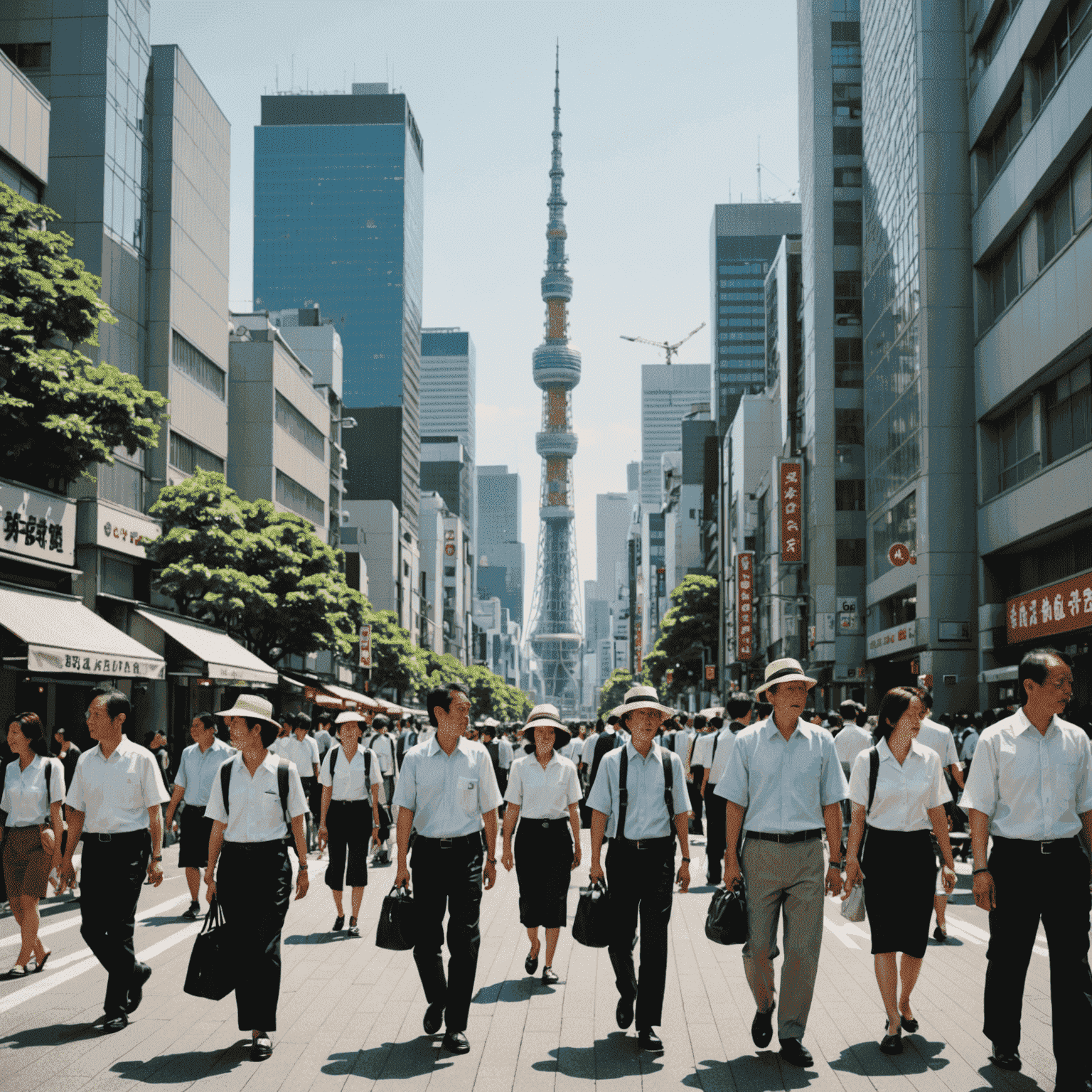 東京の繁華街で暑さに耐える人々。背景には高層ビルと熱波で揺らめく空気が見える。