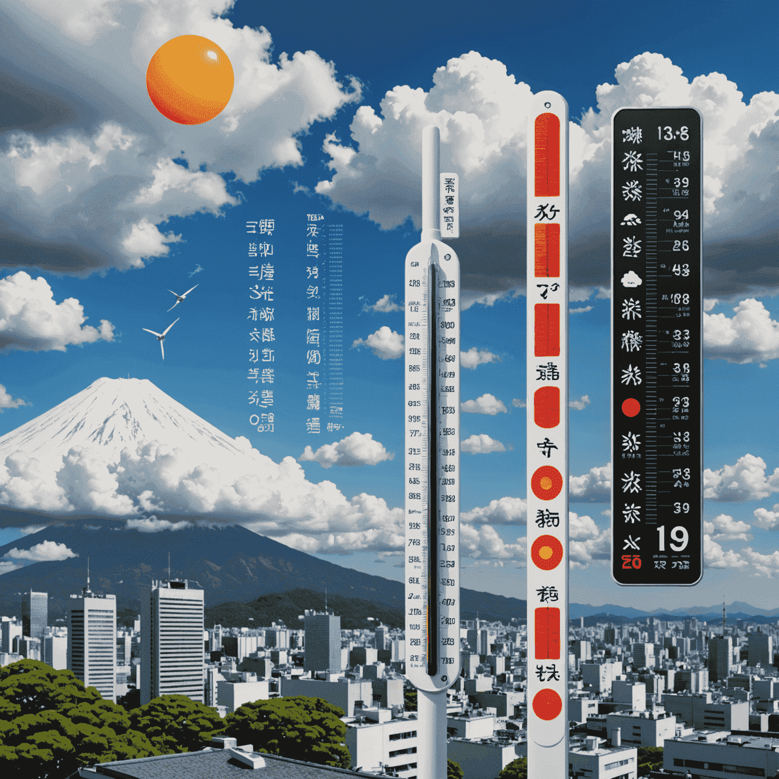 日本の主要都市の詳細な天気予報を示す画像。温度計、雨雲、風のアイコンが表示されている。