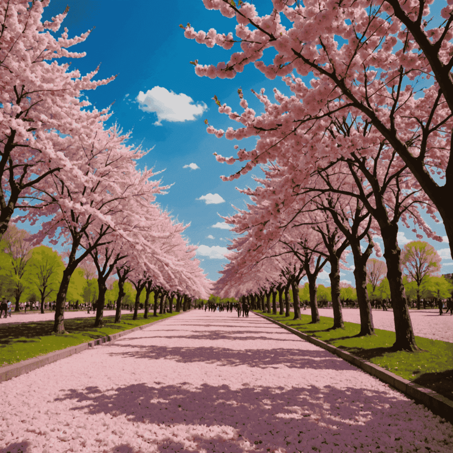 満開の桜の木々が並ぶ公園の風景。ピンクの花びらが風に舞い、背景には青空が広がっています。