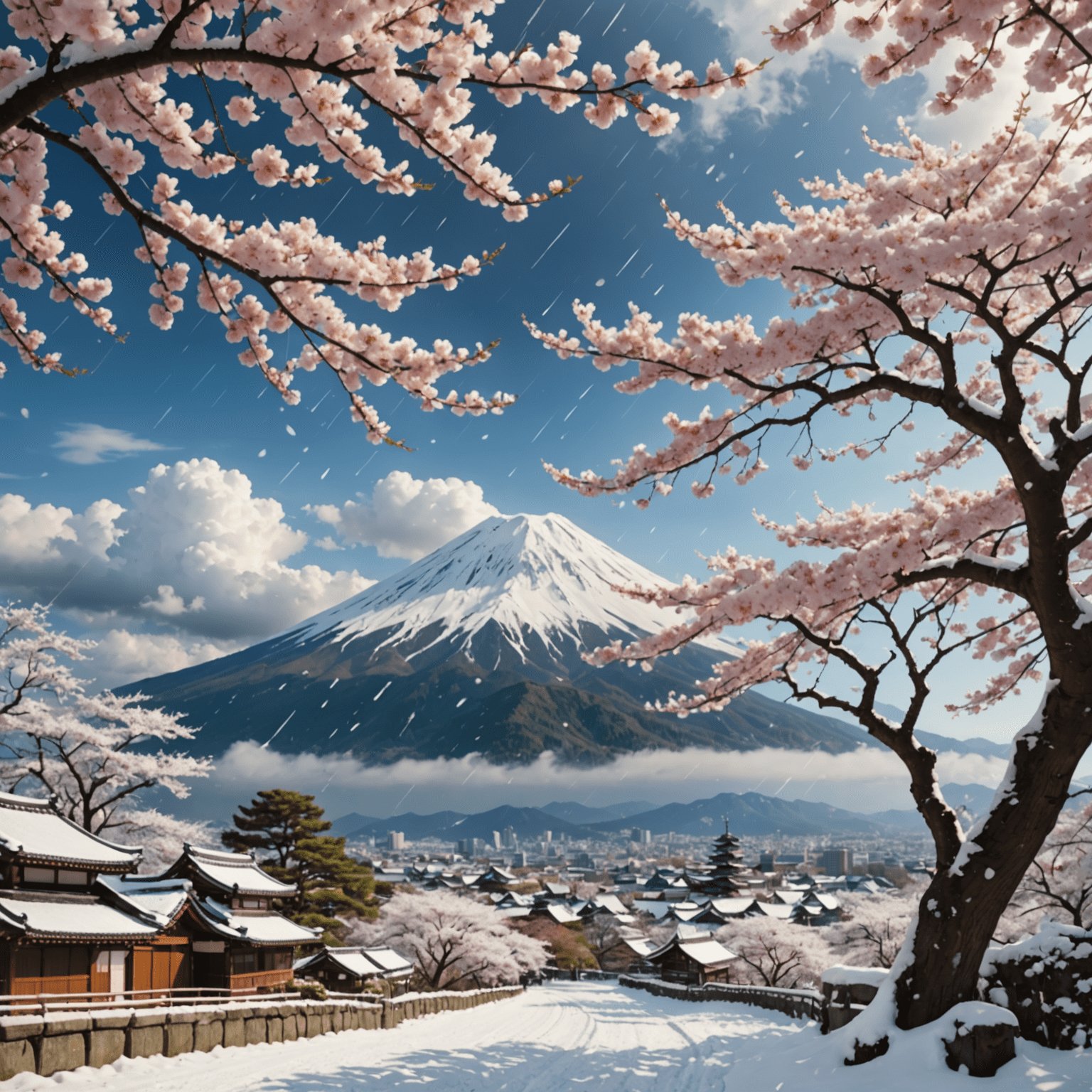 日本の四季折々の気象現象を表す画像。春の桜吹雪、夏の雷雨、秋の紅葉と強風、冬の雪景色が一枚の画像に収められている。