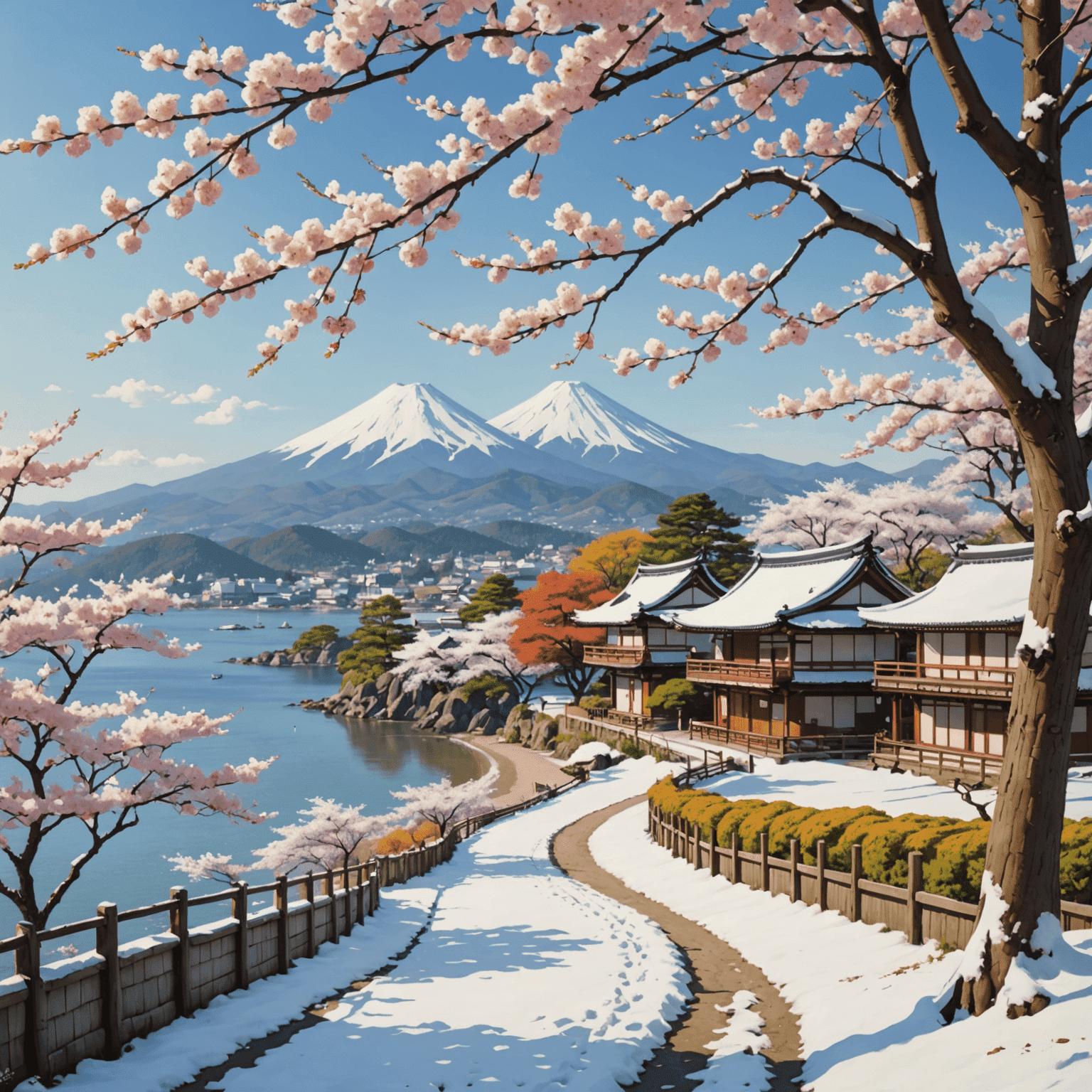 日本の四季を表す画像。桜、紅葉、雪景色、夏の海が描かれている。