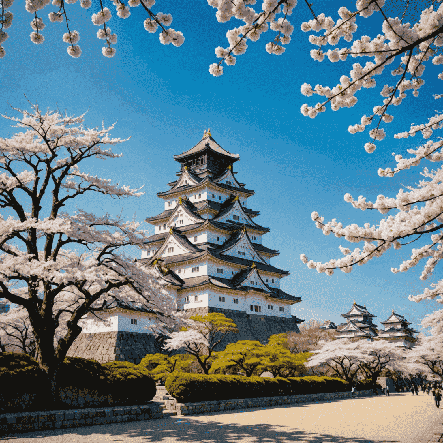 大阪城と周辺の公園。晴れた日の青空の下、桜の木々が咲いている様子。