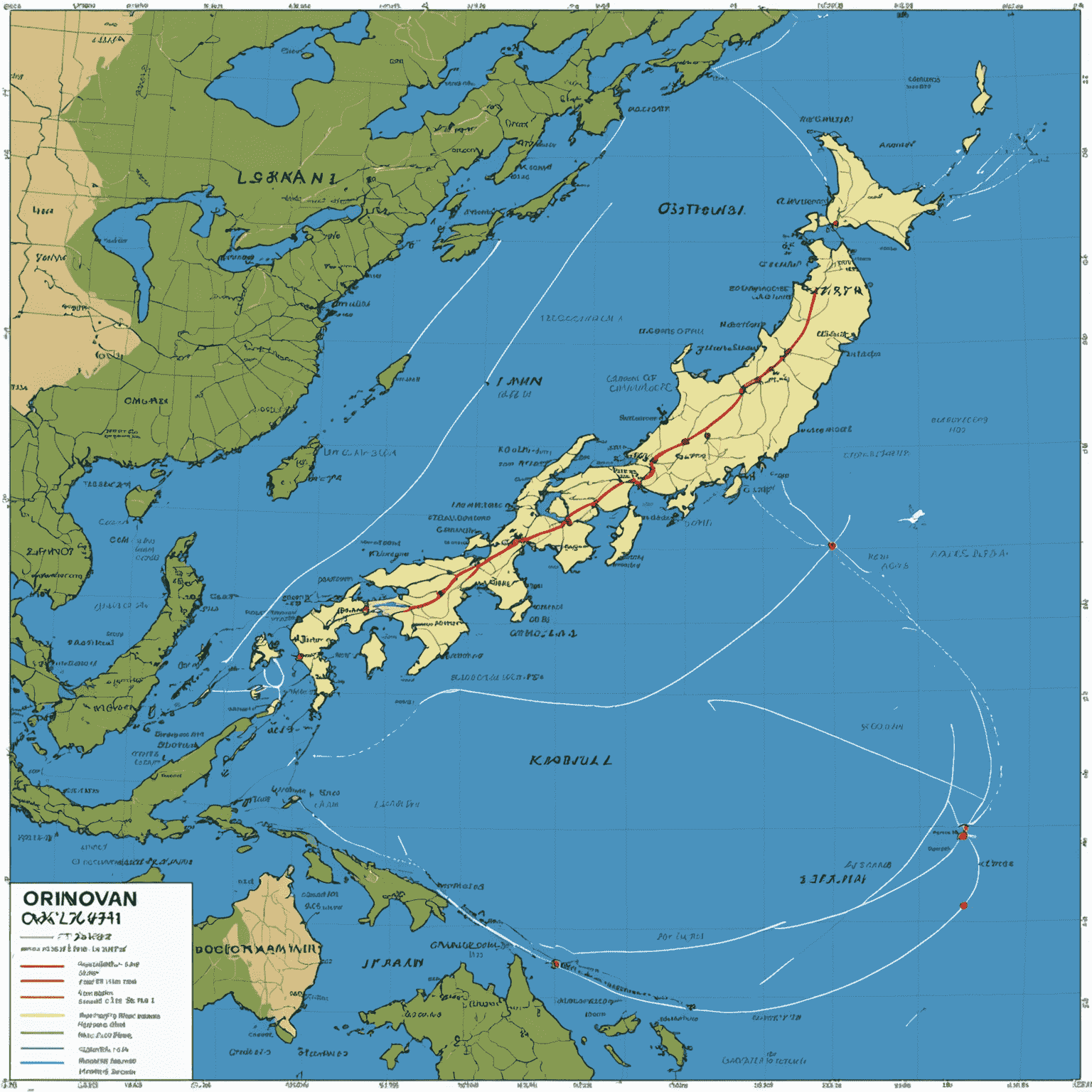 日本地図上に台風の予想進路が描かれている。沖縄から九州、本州へと向かう曲線と、時間ごとの台風の位置が示されている