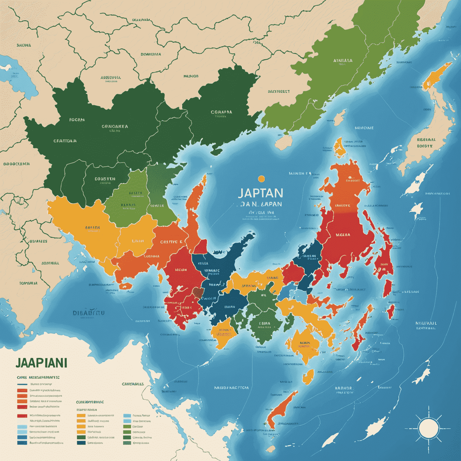 日本地図が地域ごとに色分けされ、各地域の気候特性を示すアイコンが配置されている画像。