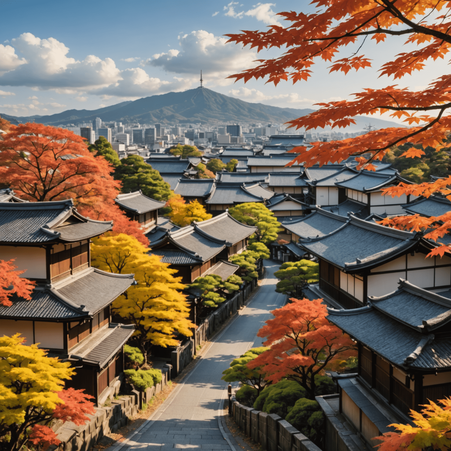 近畿地方の気候を表す画像。京都の紅葉と大阪の都市風景が描かれています。