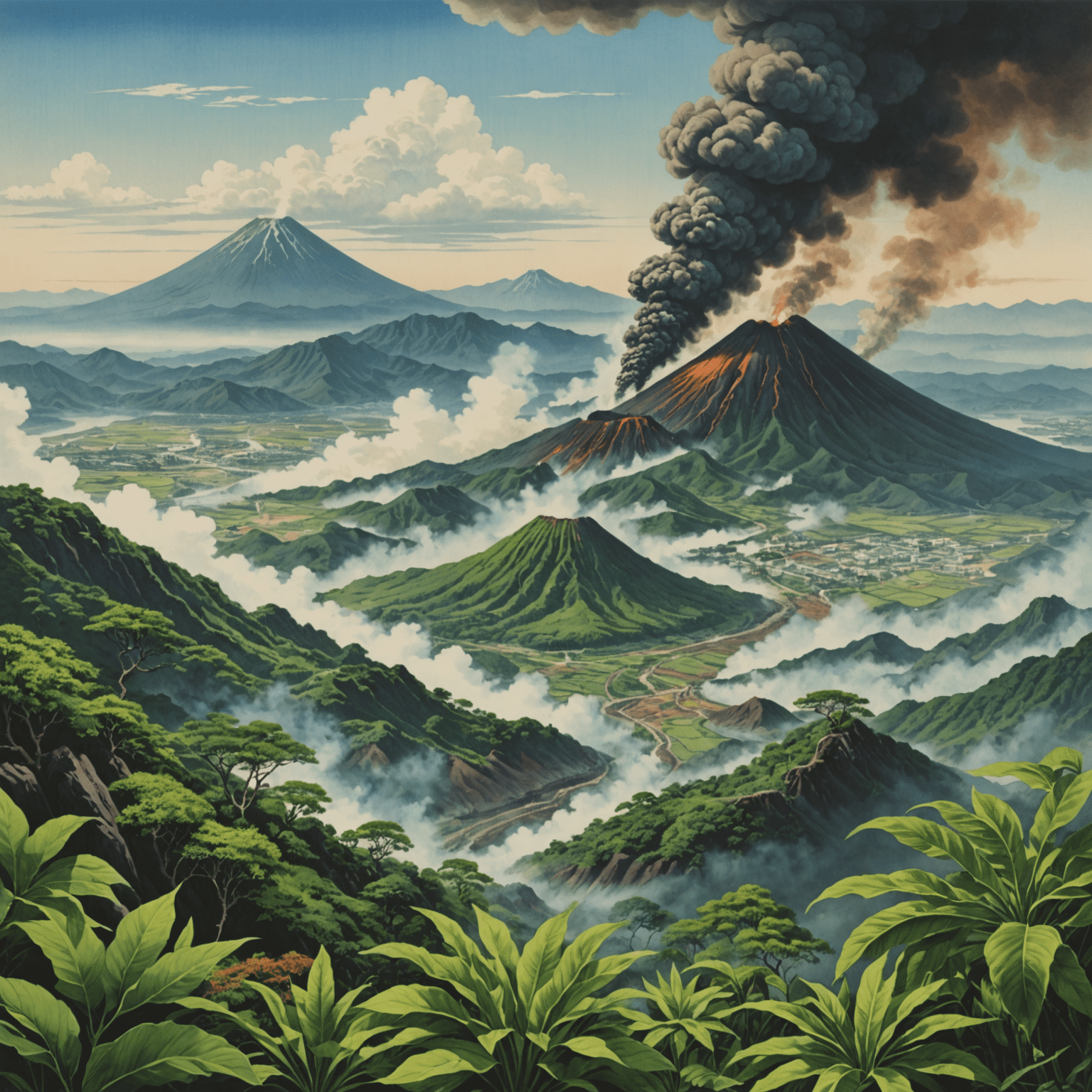 九州地方の気候を表す画像。左側に火山の噴煙、右側に亜熱帯の植物が描かれています。